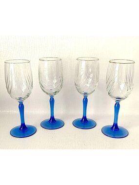 4 Vintage Lenox Blue Stemmed Wine Glasses Swag Drape Barware